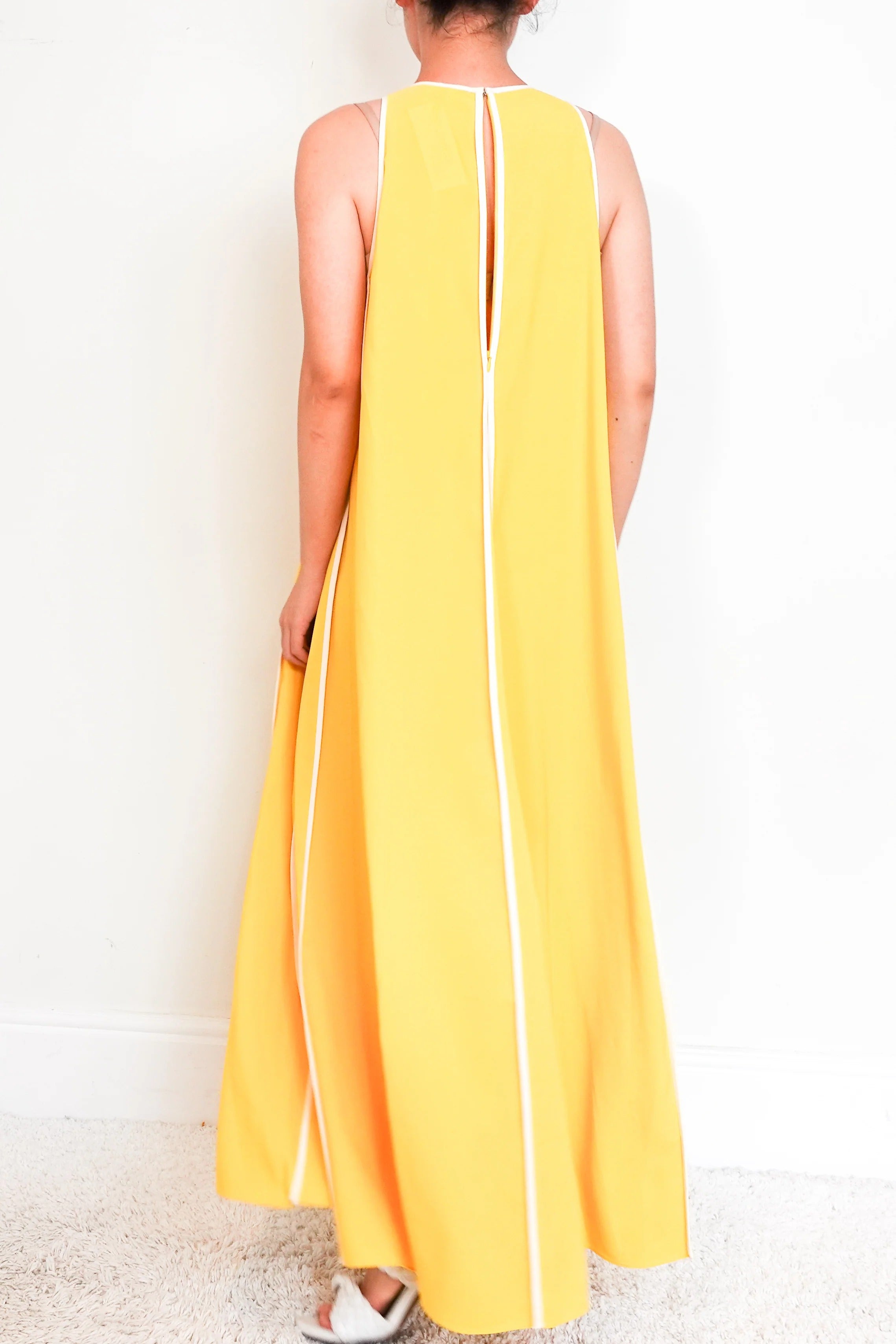 Yellow Sleeveless maxi dress with white stripes